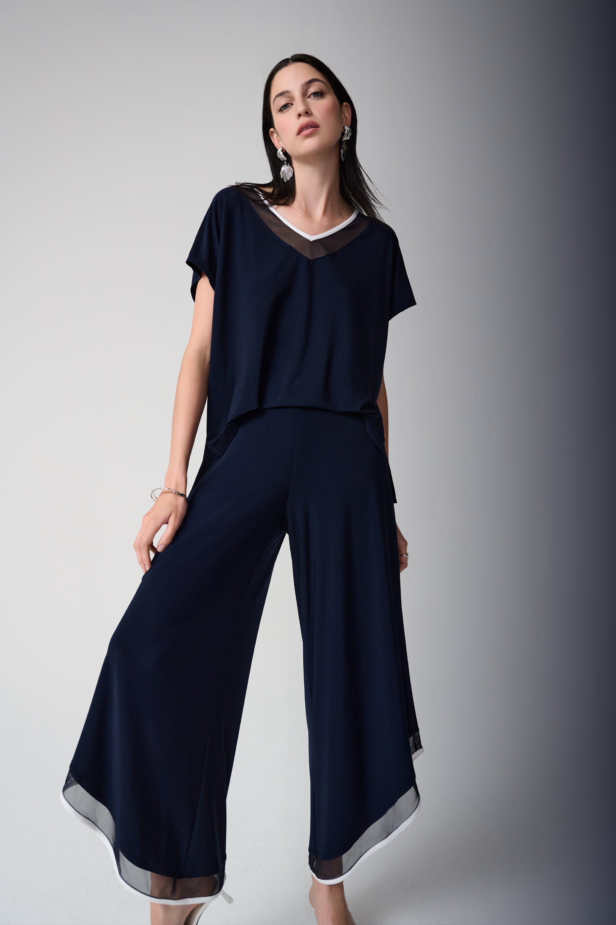 Joseph Ribkoff Silky Knit Color Block Wide Leg Culotte Jumpsuit