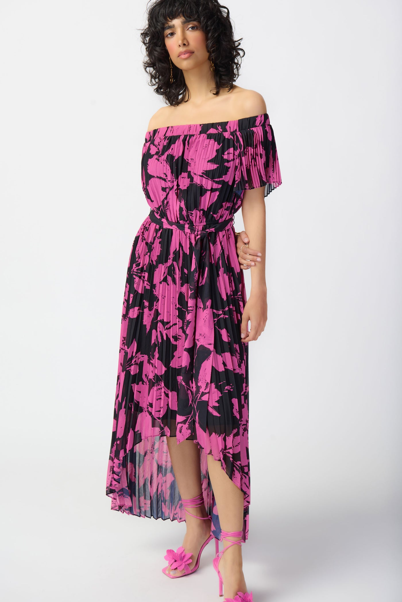 Joseph Ribkoff Floral Print Chiffon Off-Shoulder Pleated Dress 