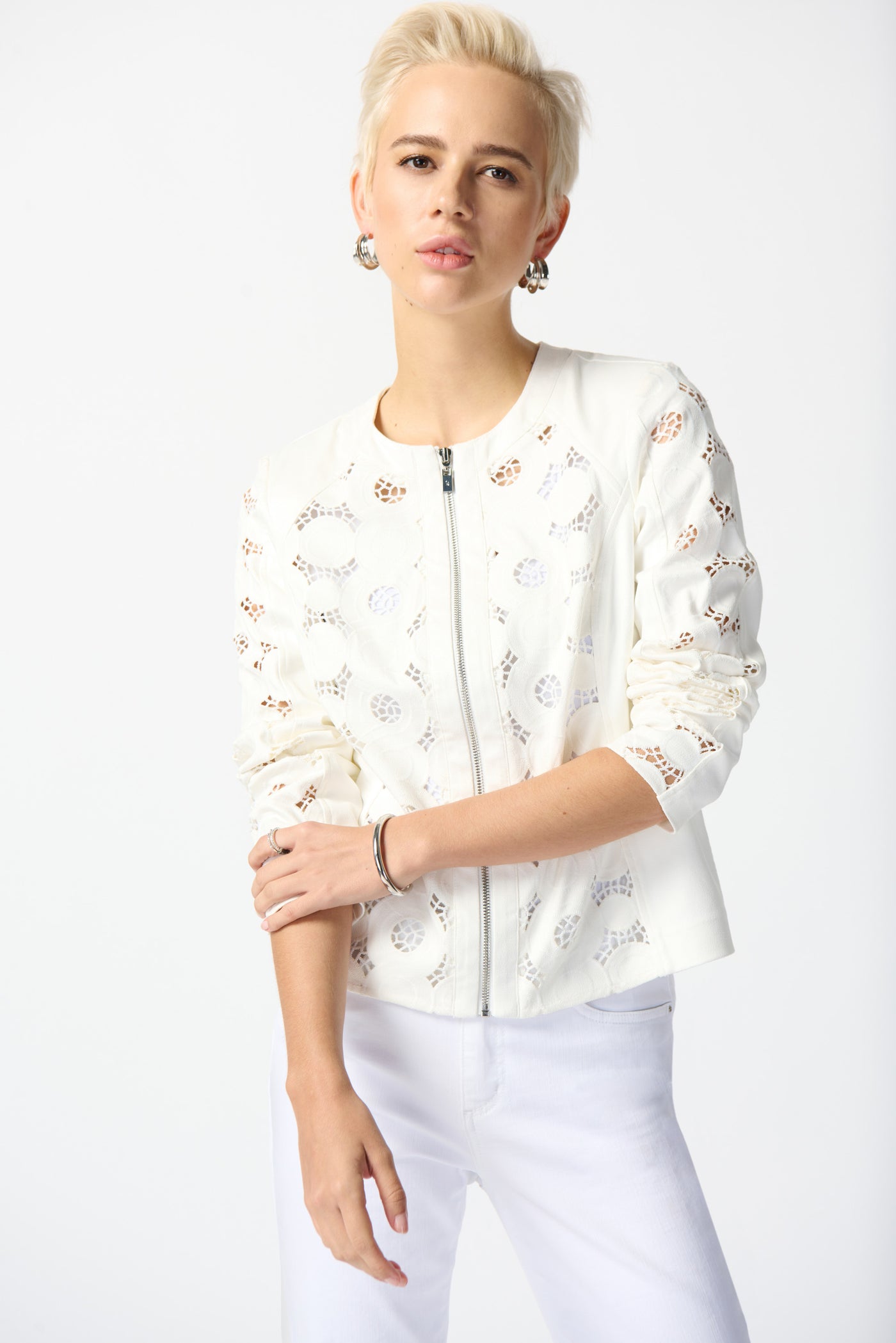 Joseph Ribkoff Foiled Suede Jacket With Laser Cut Leatherette 