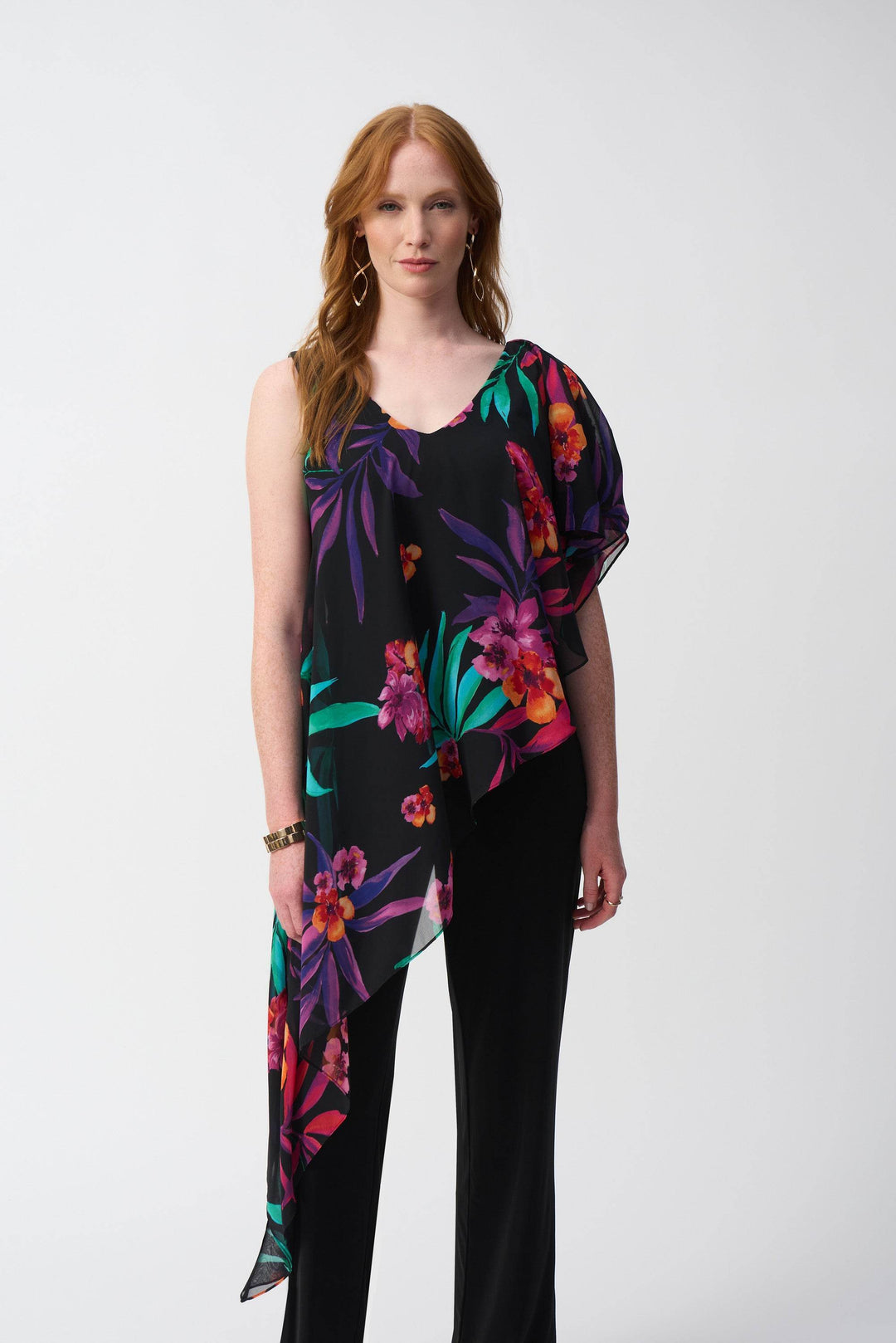 Silky Knit Jumpsuit With Tropical Chiffon Overlay Style 251152