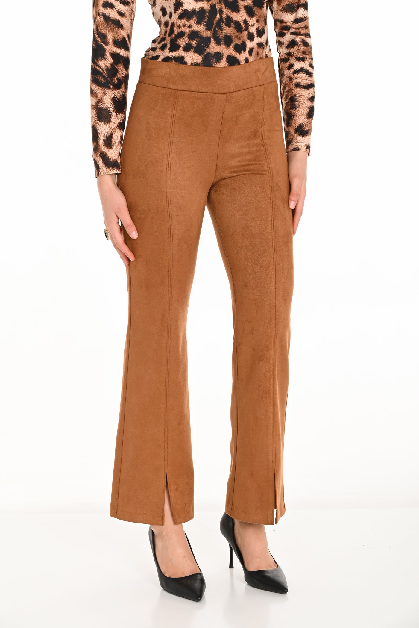 Faux Suede Pants with Front Slit Hem Frank Lyman