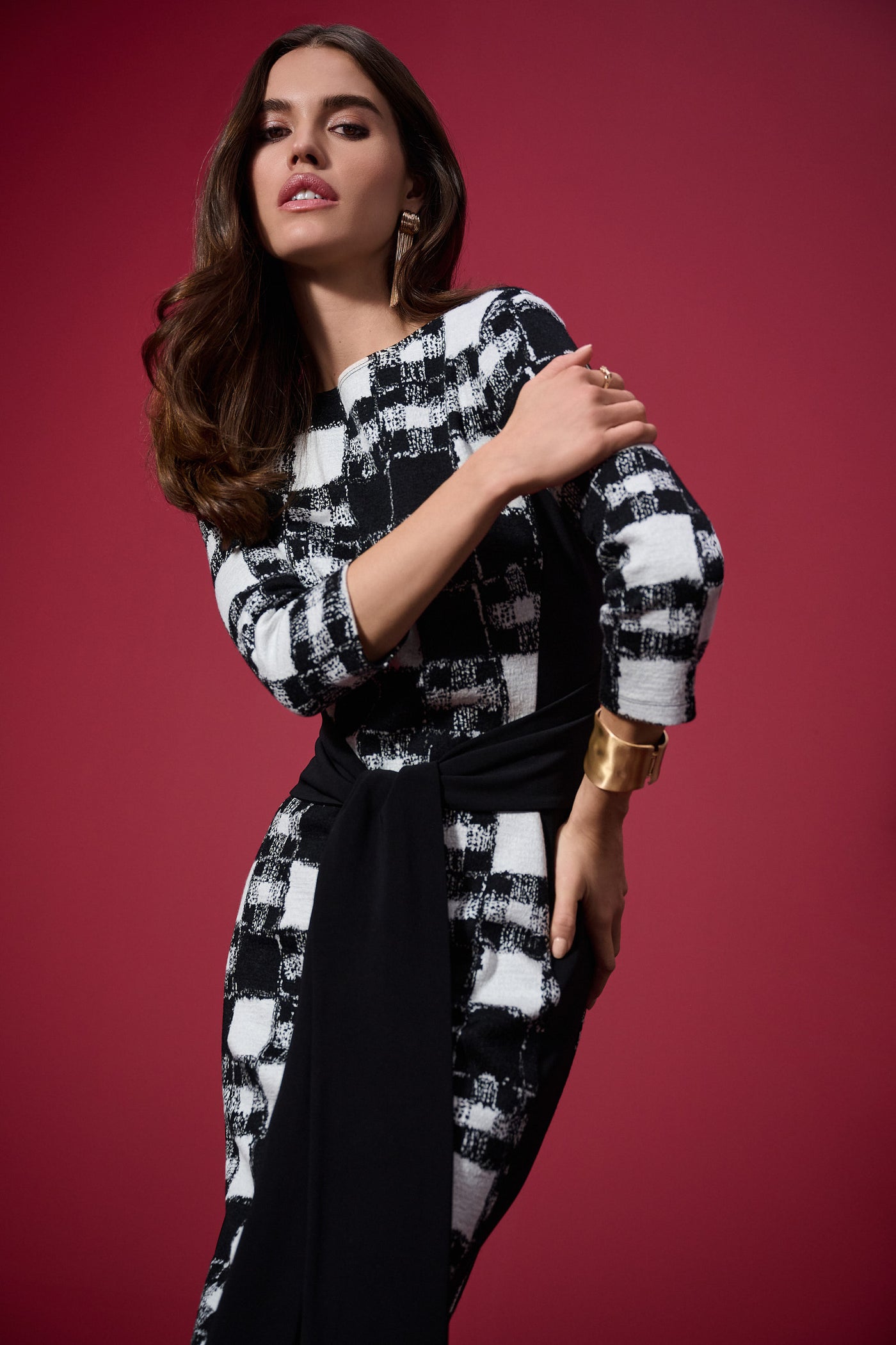 Joseph Ribkoff Jacquard Sweater Plaid Print Sheath Dress Style 253289 Black/Cream / 10