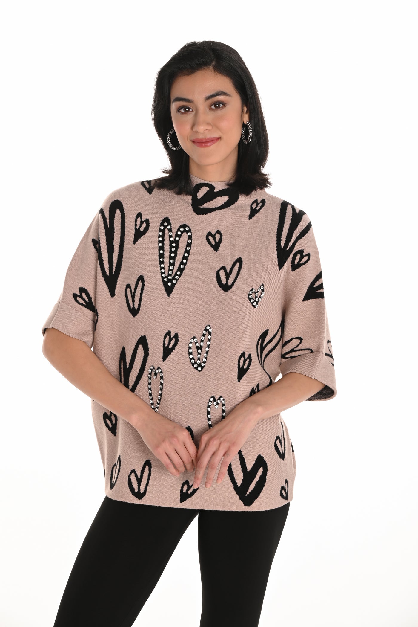 Embellished Heart Print Sweater Frank Lyman