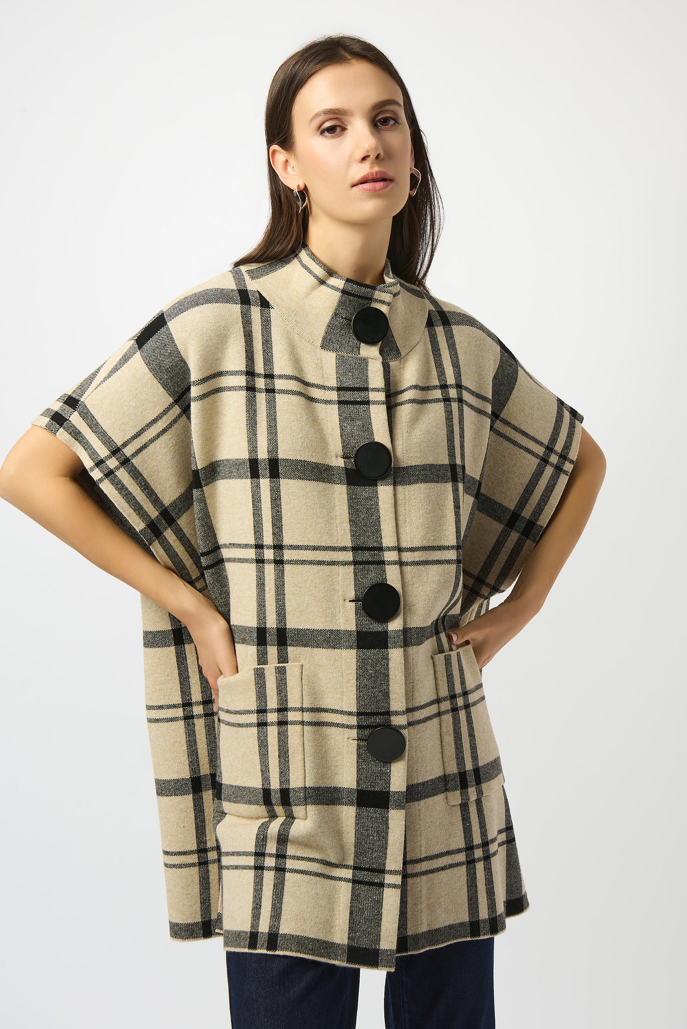 Jacquard Sweater Knit Plaid Poncho Joseph Ribkoff