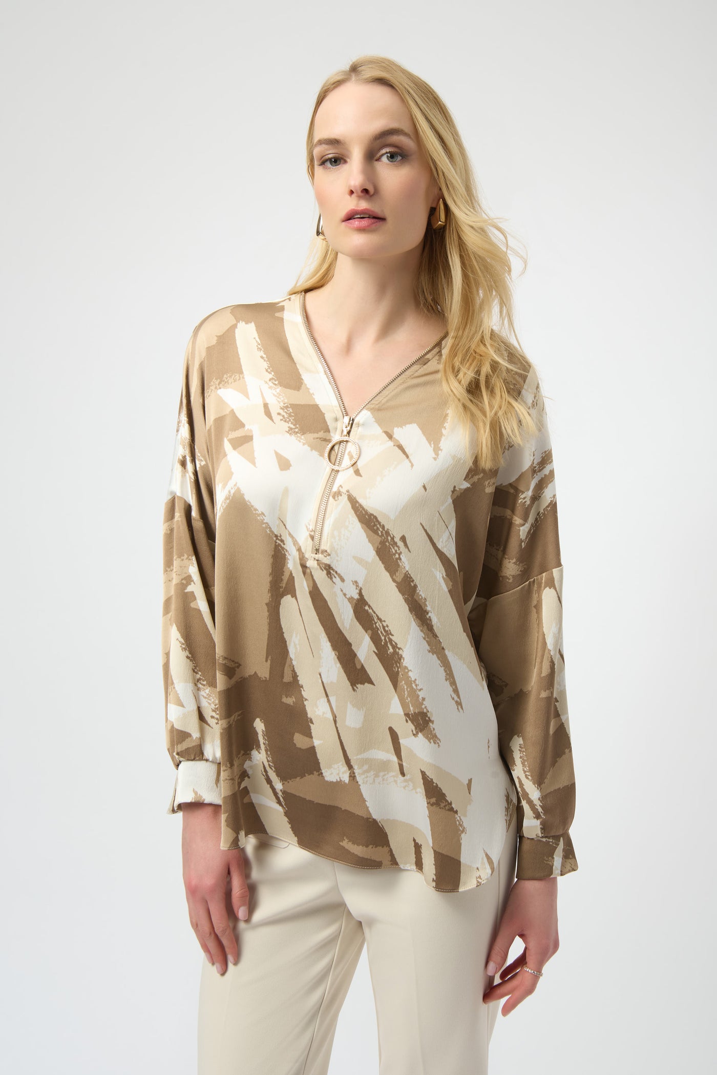 Recycled Satin Abstract Print Tunic With Zipper Detail Joseph Ribkoff