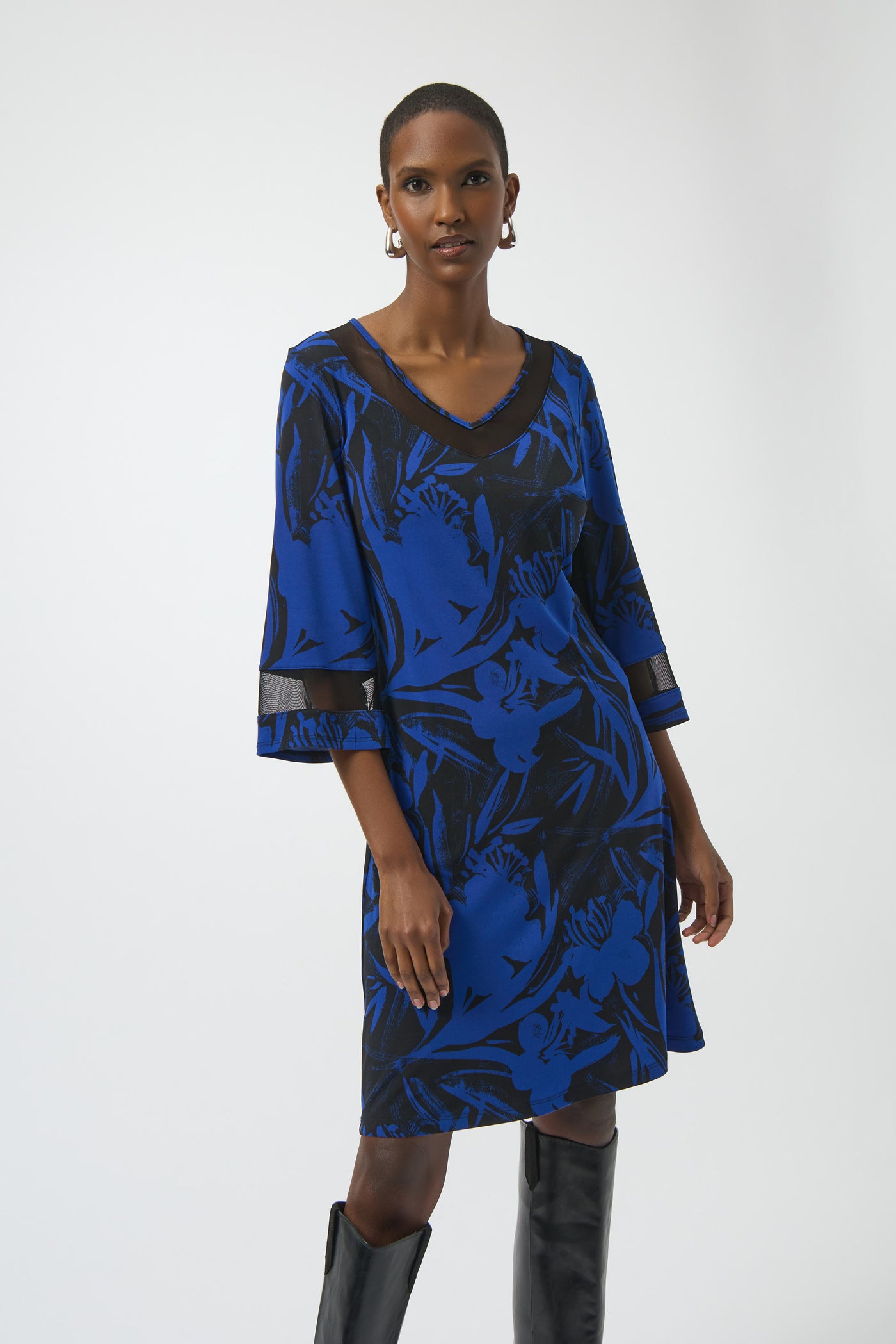 Silky Knit & Mesh Floral Print A-Line Dress Joseph Ribkoff