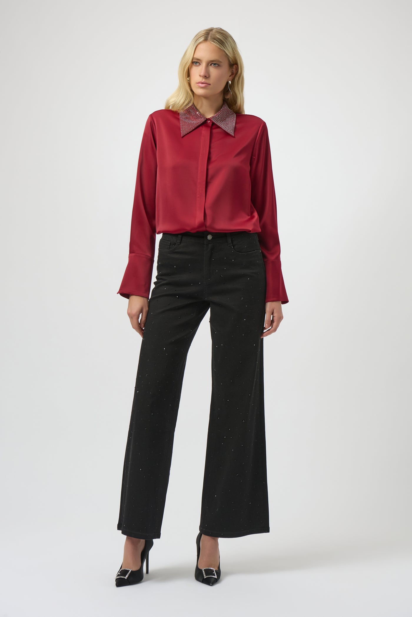 Satin Button-Front Blouse with Embellished Collar Joseph Ribkoff