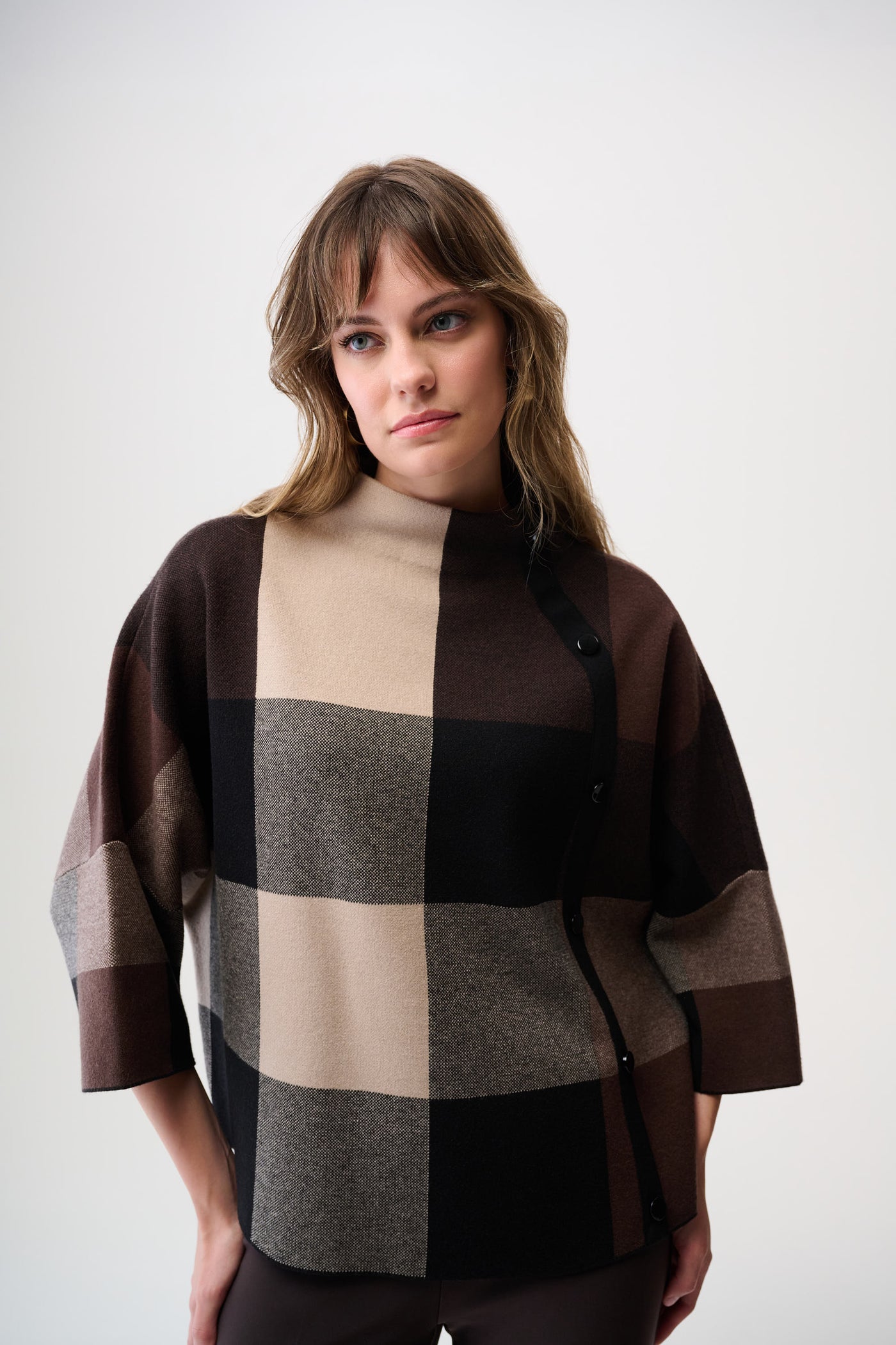 Brushed Viscose Plaid Print Boxy Sweater with Funnel Neck Joseph Ribkoff