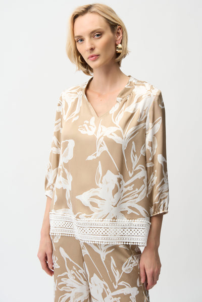 Satin Floral Print Straight Top With Mandarin Collar Joseph Ribkoff