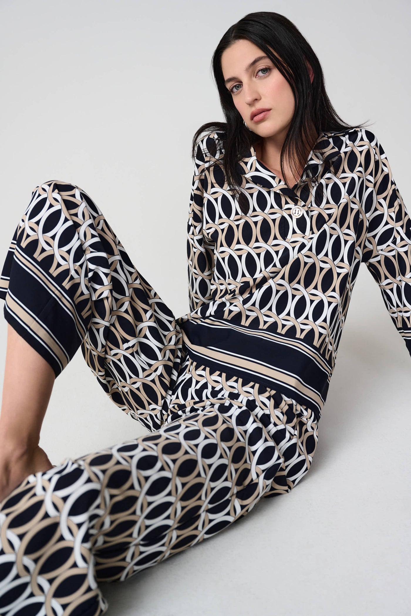 Woven Geometric Print Boxy Top With Shirt Collar Joseph Ribkoff