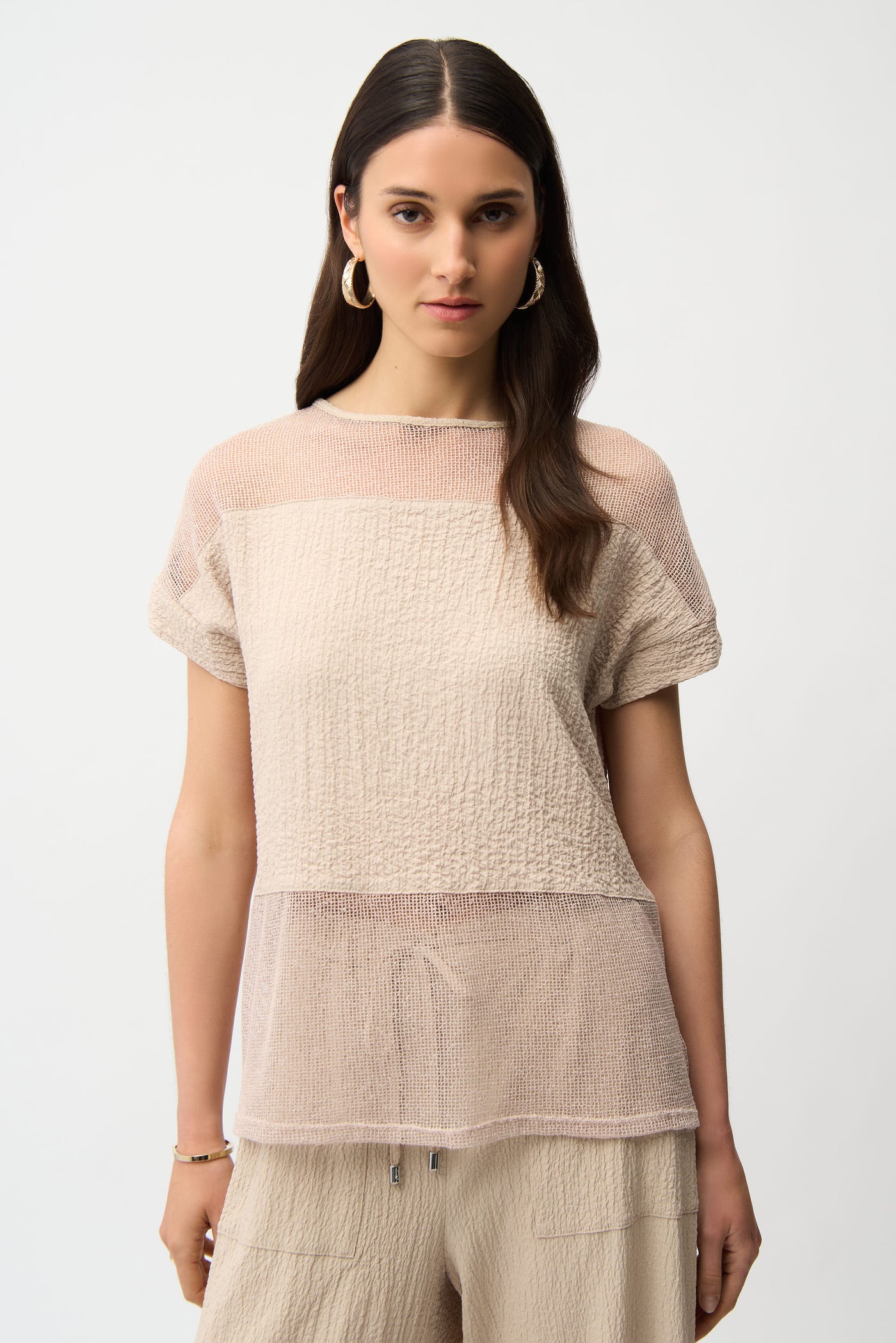 Seersucker and Mesh Boxy Top With Boat Neckline Joseph Ribkoff