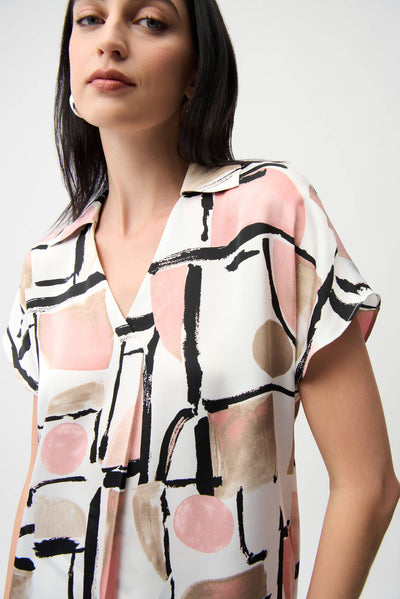 Recycled Satin Abstract Print Boxy Top With V-neckline Joseph Ribkoff