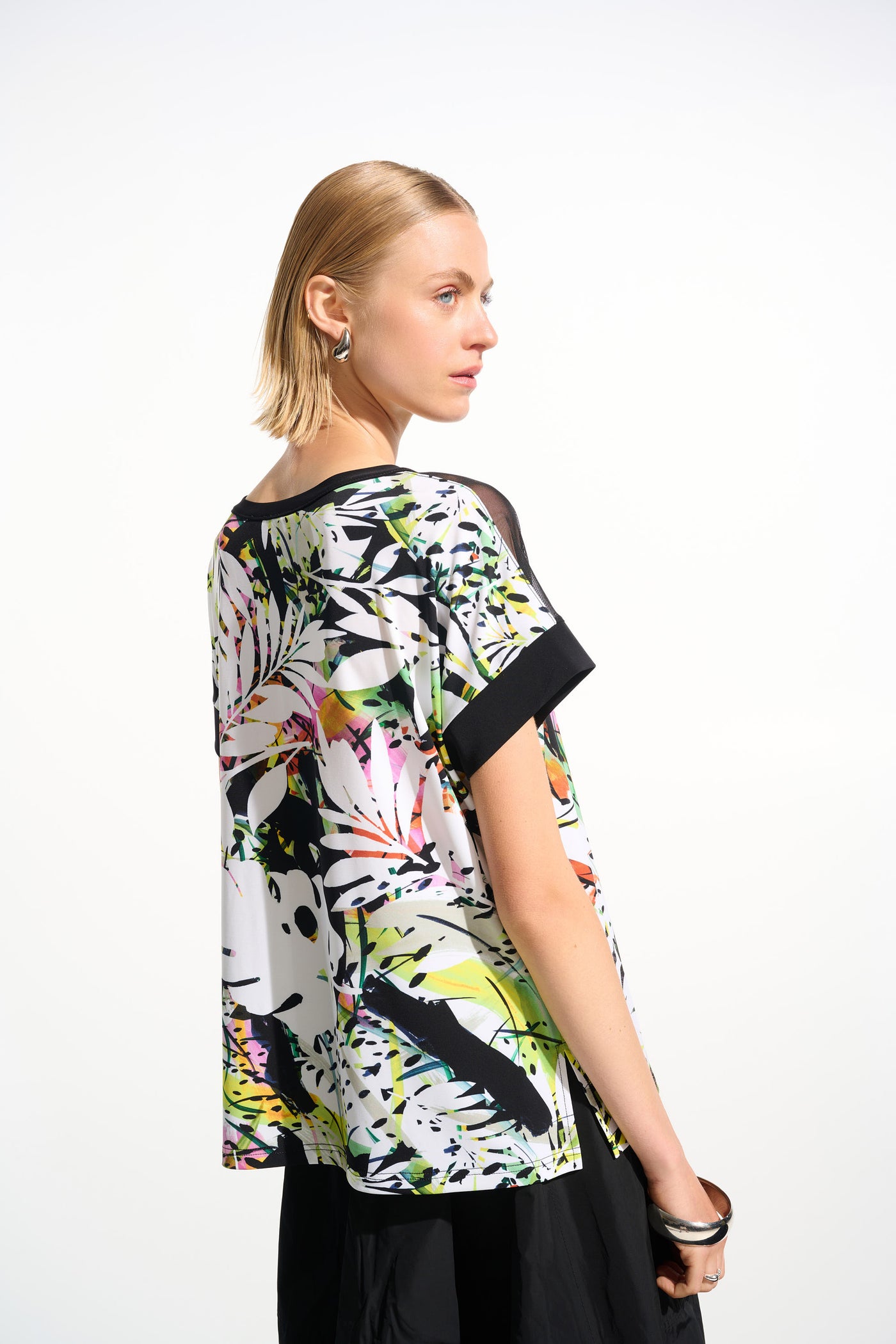 Silky Knit Tropical Print Straight Tunic With Mesh Insert Joseph Ribkoff
