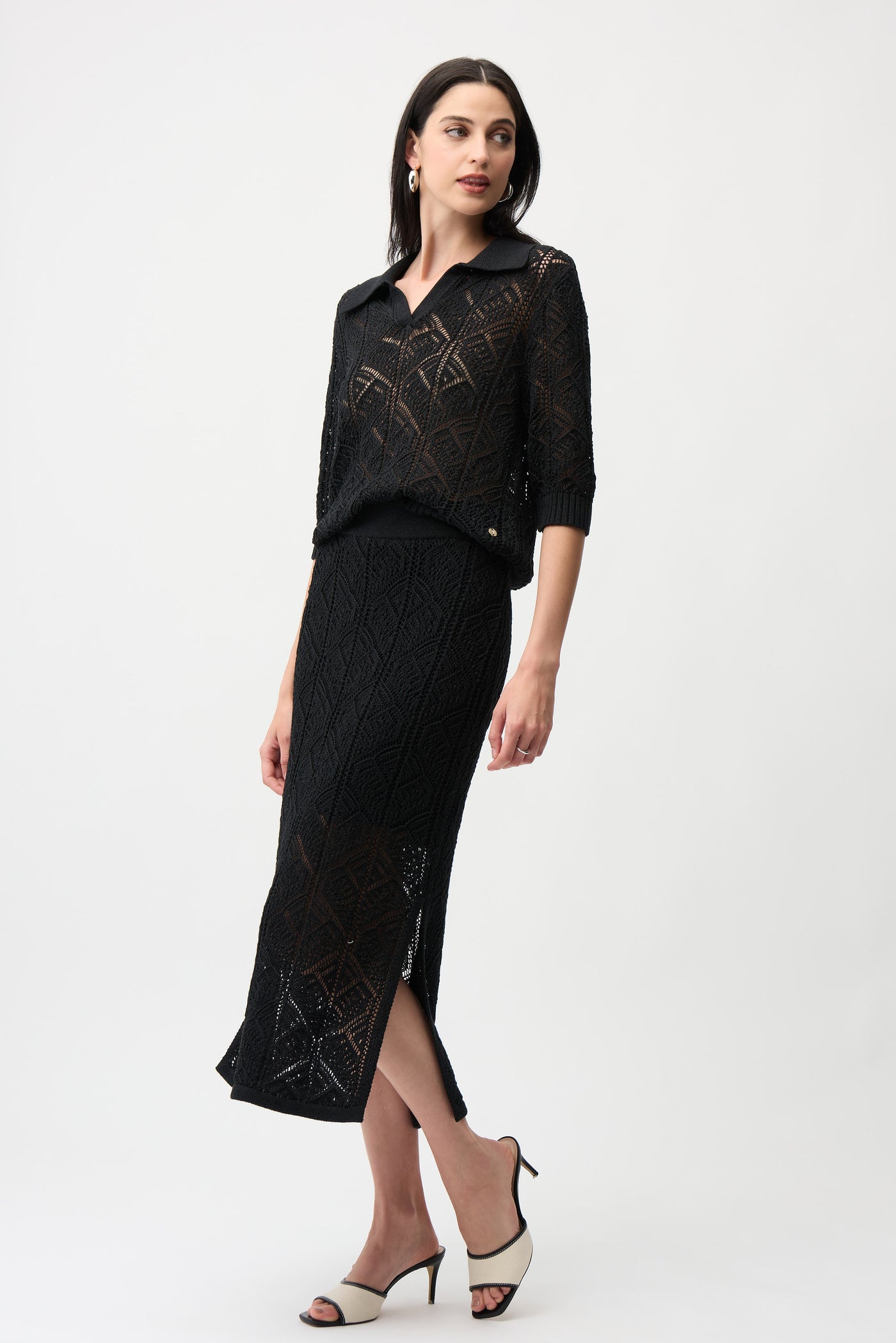 Cotton Blend Open Stitch Sweater with Polo Collar 261929 Joseph Ribkoff