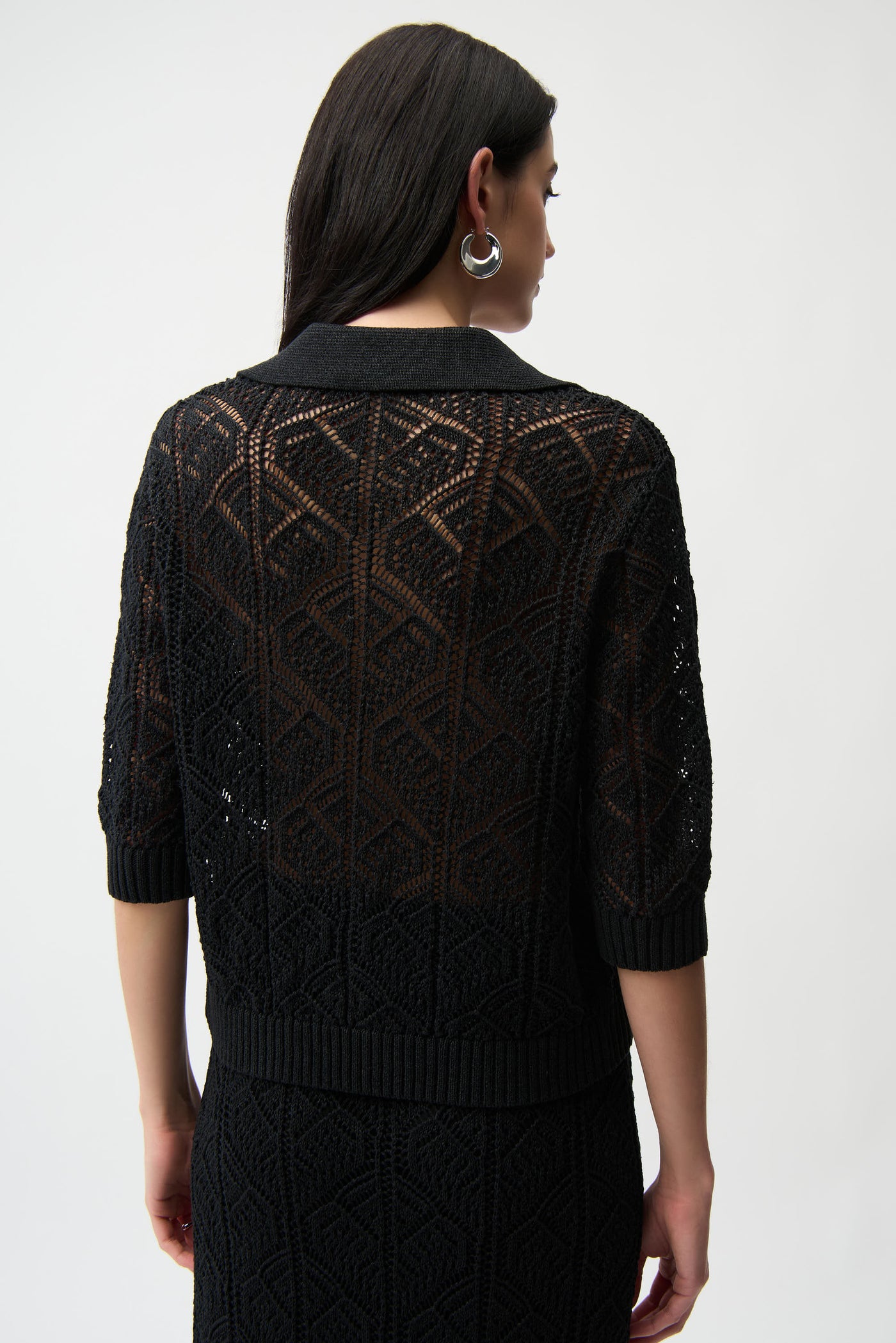 Cotton Blend Open Stitch Sweater with Polo Collar Joseph Ribkoff