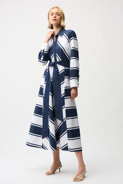 Cotton Stripe Print and Flare Dress with Reversible Sash Joseph Ribkoff