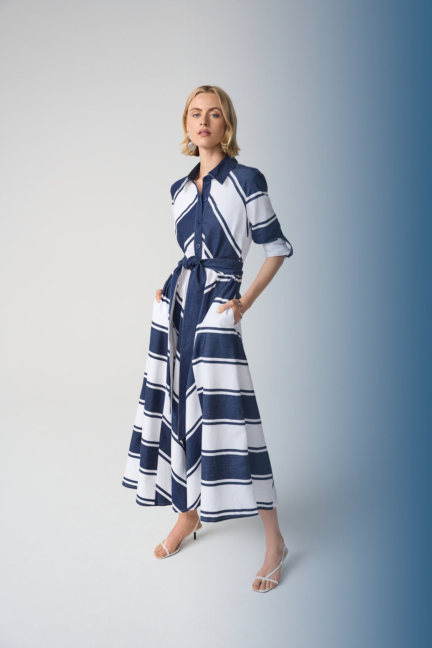 Cotton Stripe Print and Flare Dress with Reversible Sash Joseph Ribkoff