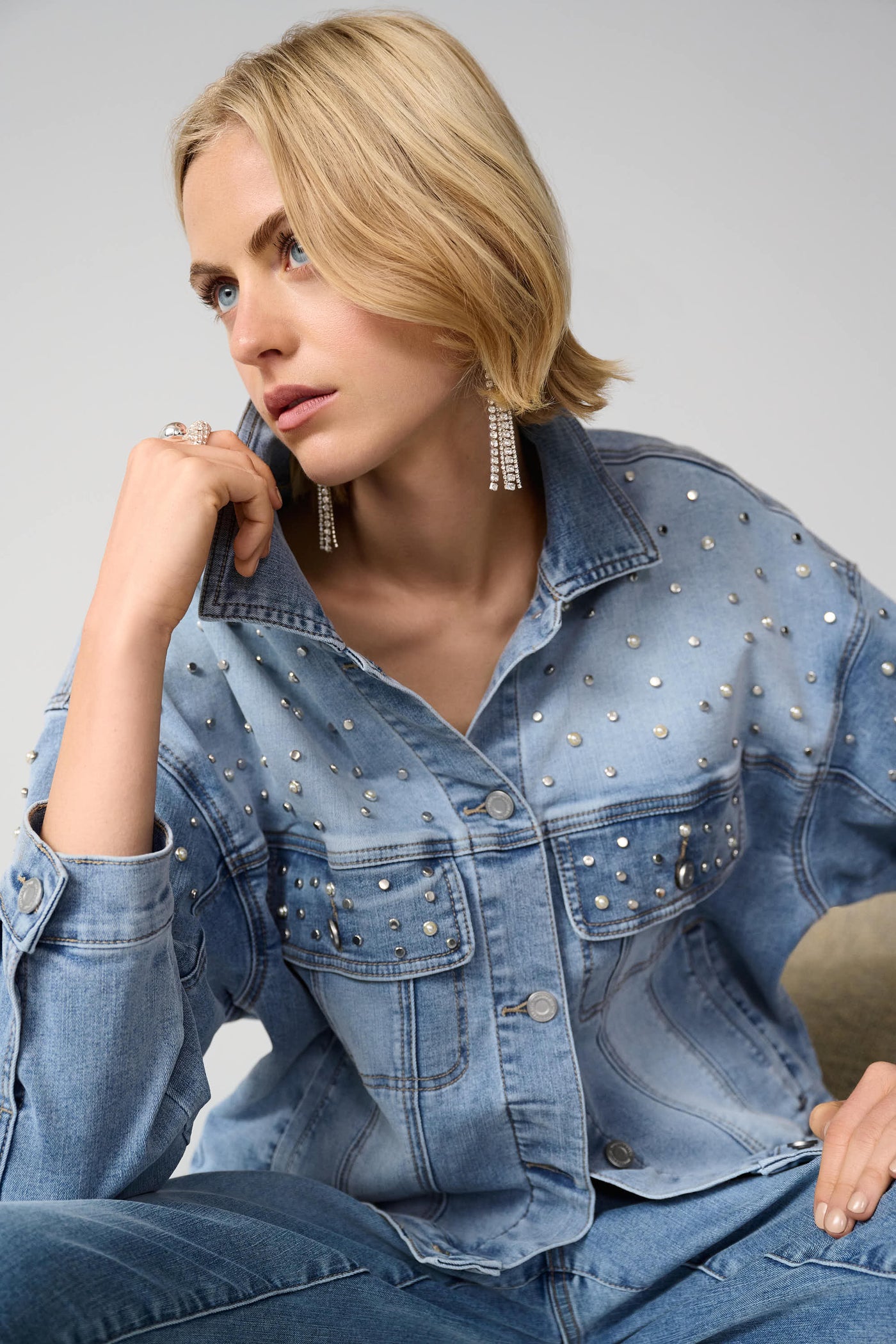 Denim Oversized Jacket With Pearls and Studs Joseph Ribkoff