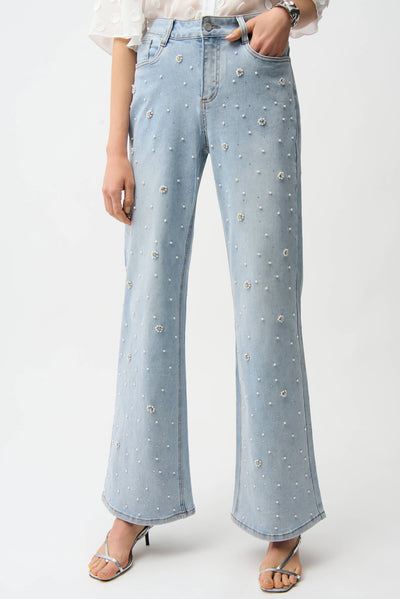 Wide Leg Jeans With Pearl and Rhinestones Joseph Ribkoff
