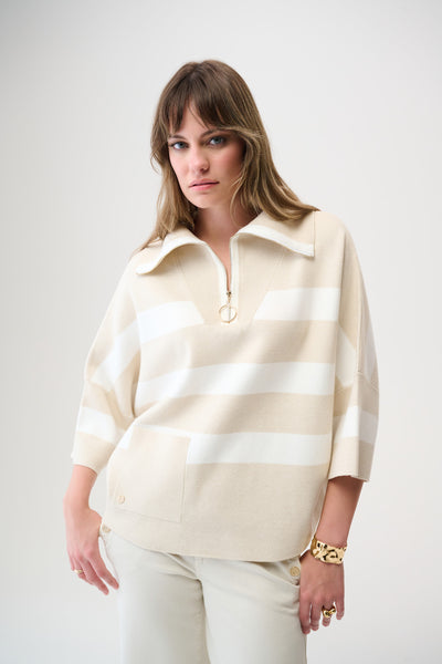 Brushed Viscose Stripe Print Boxy Sweater with Zipped Collar Joseph Ribkoff