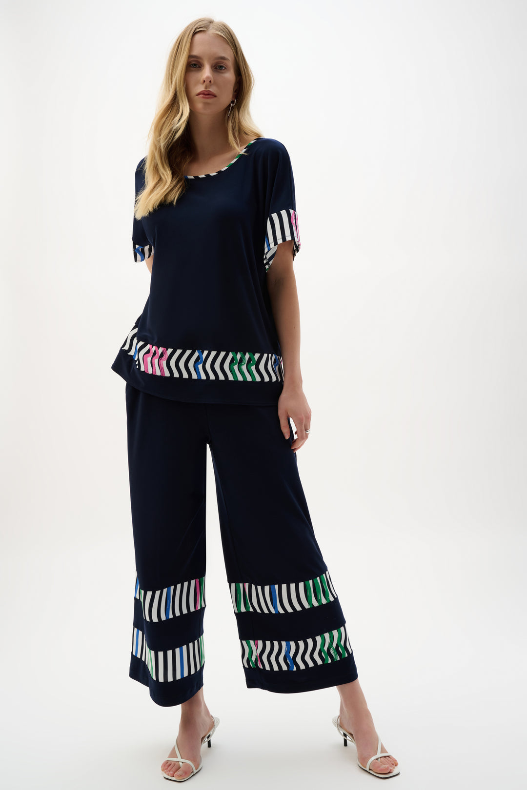 Joseph Ribkoff Silky Knit And Woven Stripe Print Culotte Pants