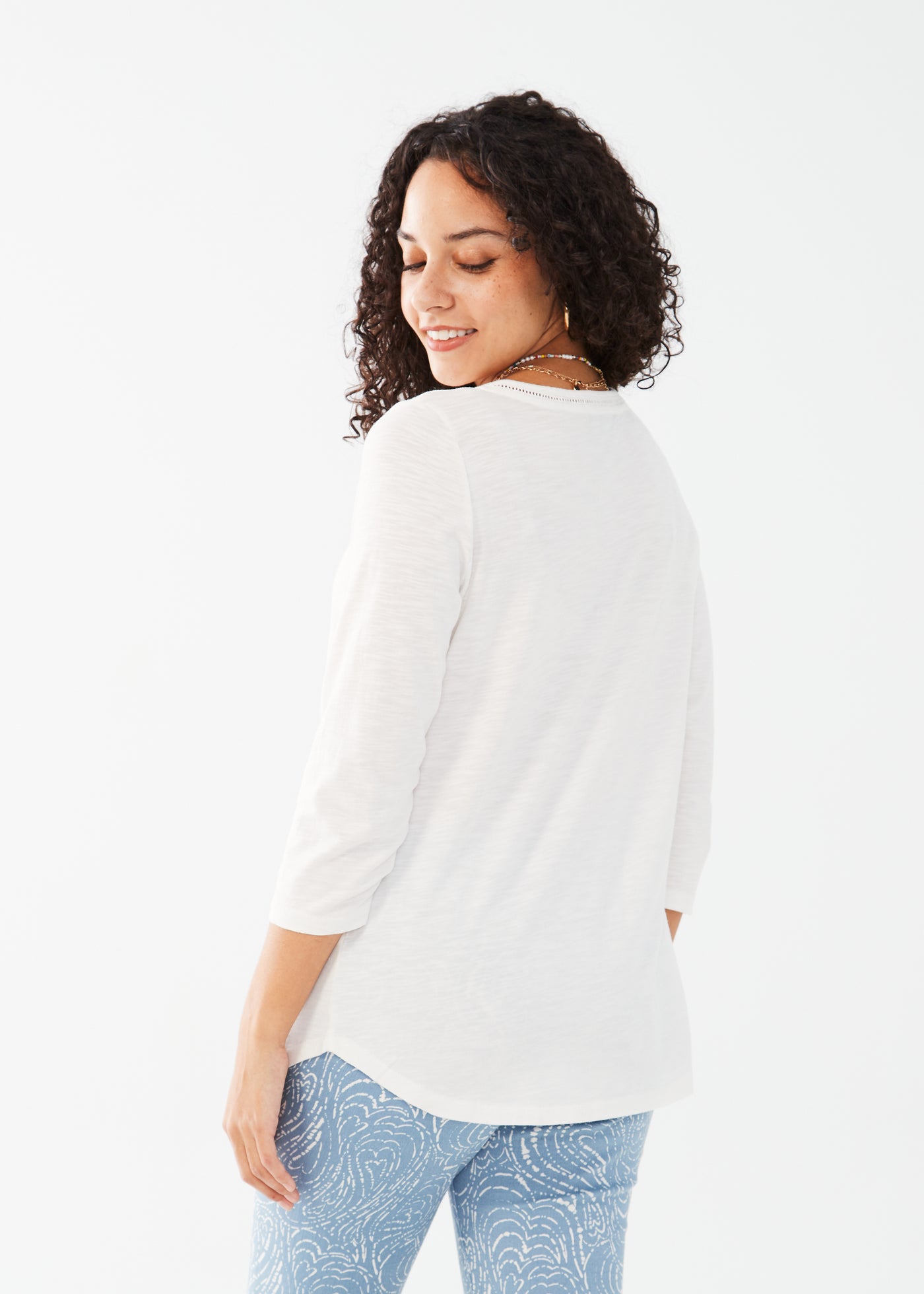 French Dressing Jeans 3/4 Sleeve Split Neck Top 