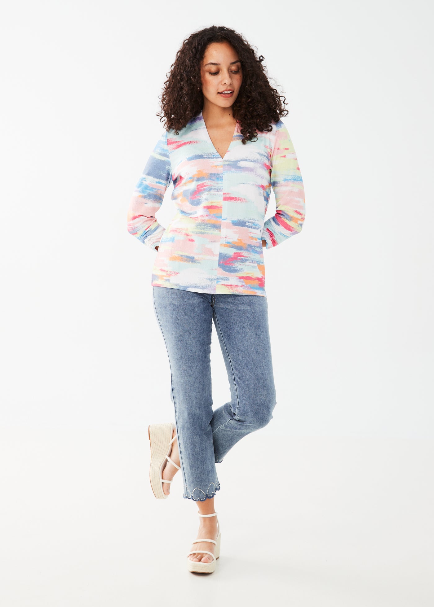French Dressing Jeans 3/4 Sleeve V-Neck Top 
