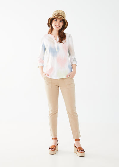 French Dressing Jeans 3/4 Sleeve Tab Up Henley Top 