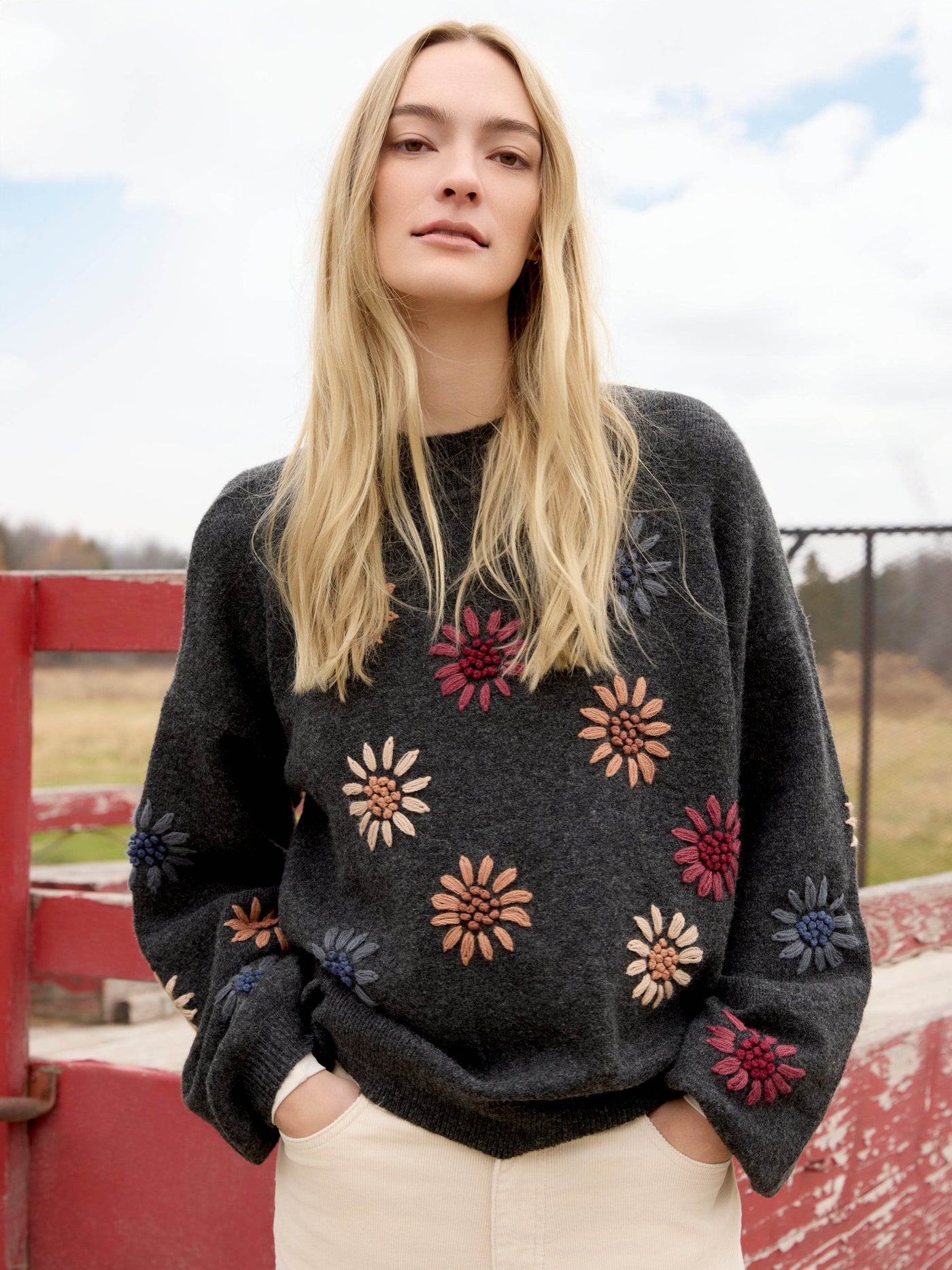 Mock Neck Sweater With Floral Embroidery - Dream Pants