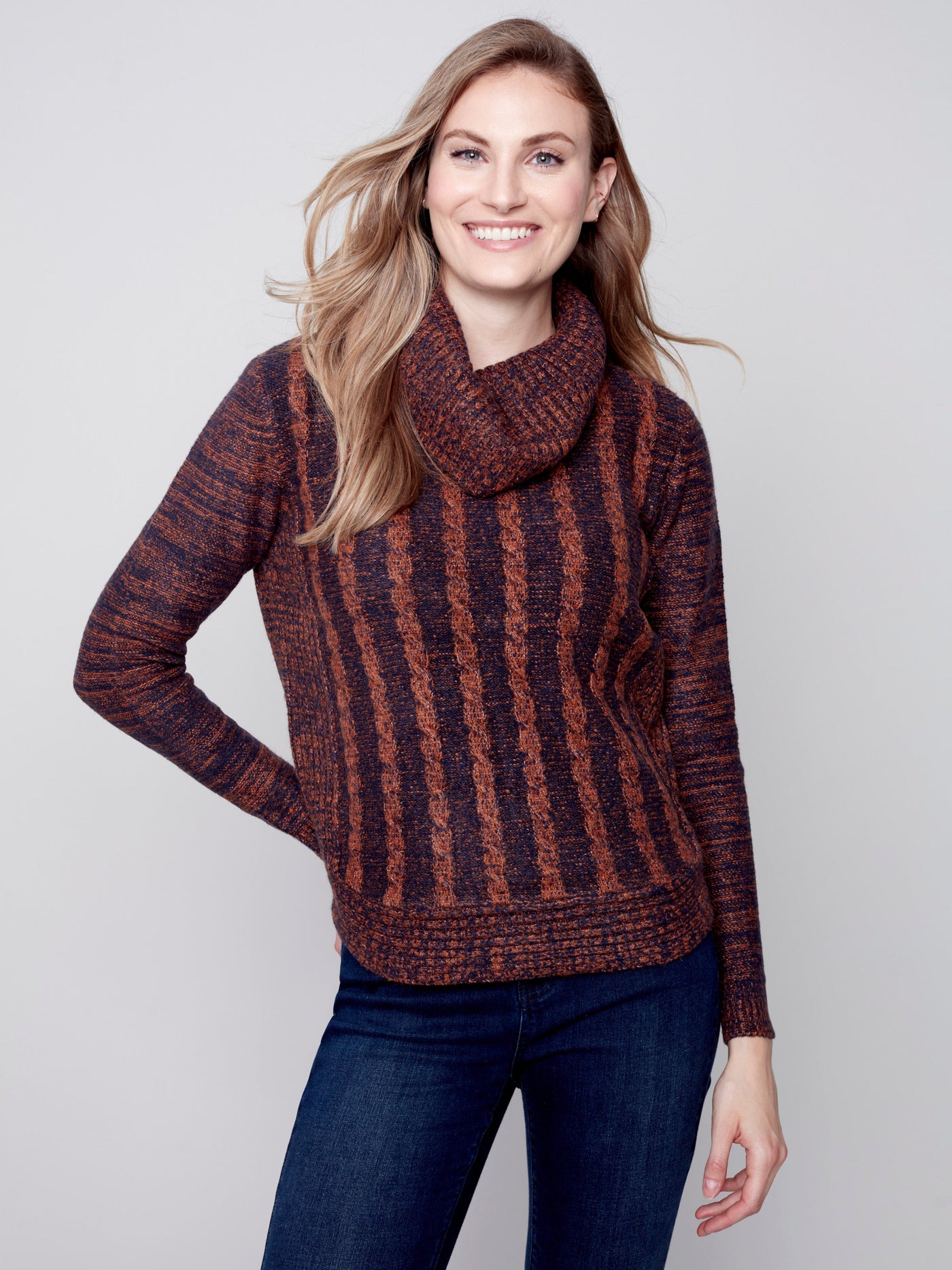 Charlie B Two-Tone Cable Knit Turtleneck Round Hem Sweater 
