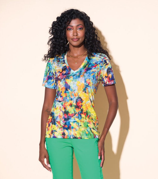 Alison Sheri Colorful Print V-Neck T-Shirt 
