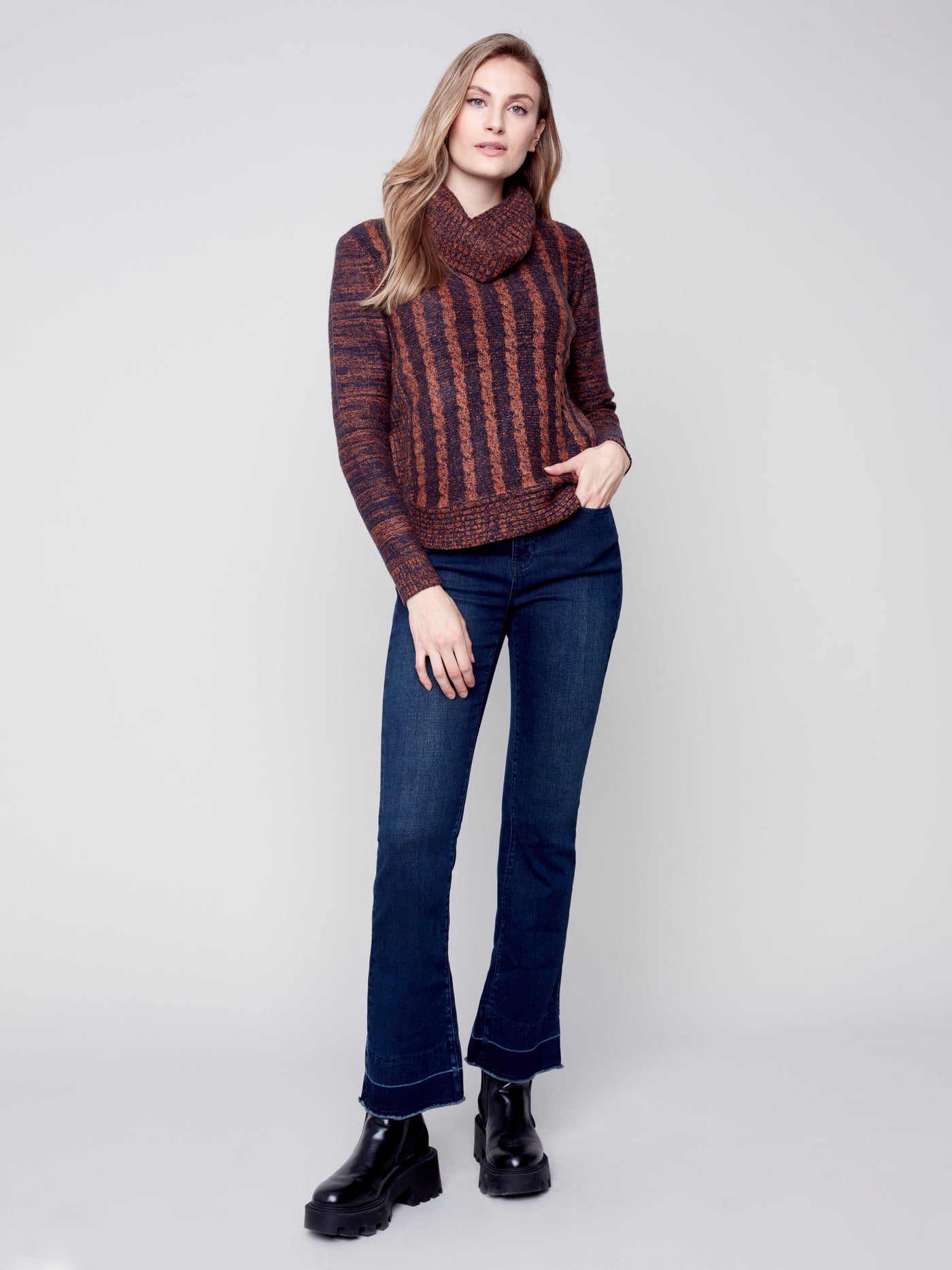 Charlie B Two-Tone Cable Knit Turtleneck Round Hem Sweater 