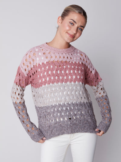 Charlie B Striped Wavy Net Stitch Sweater 