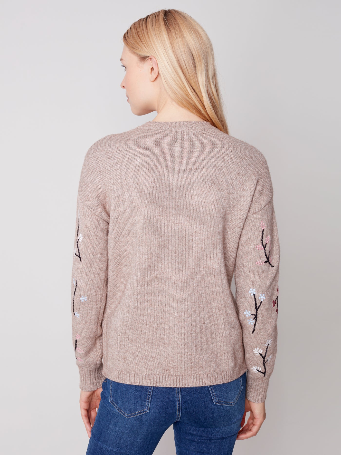 Charlie B Crewneck Drop Shoulder Sweater with Flower Embroideries 