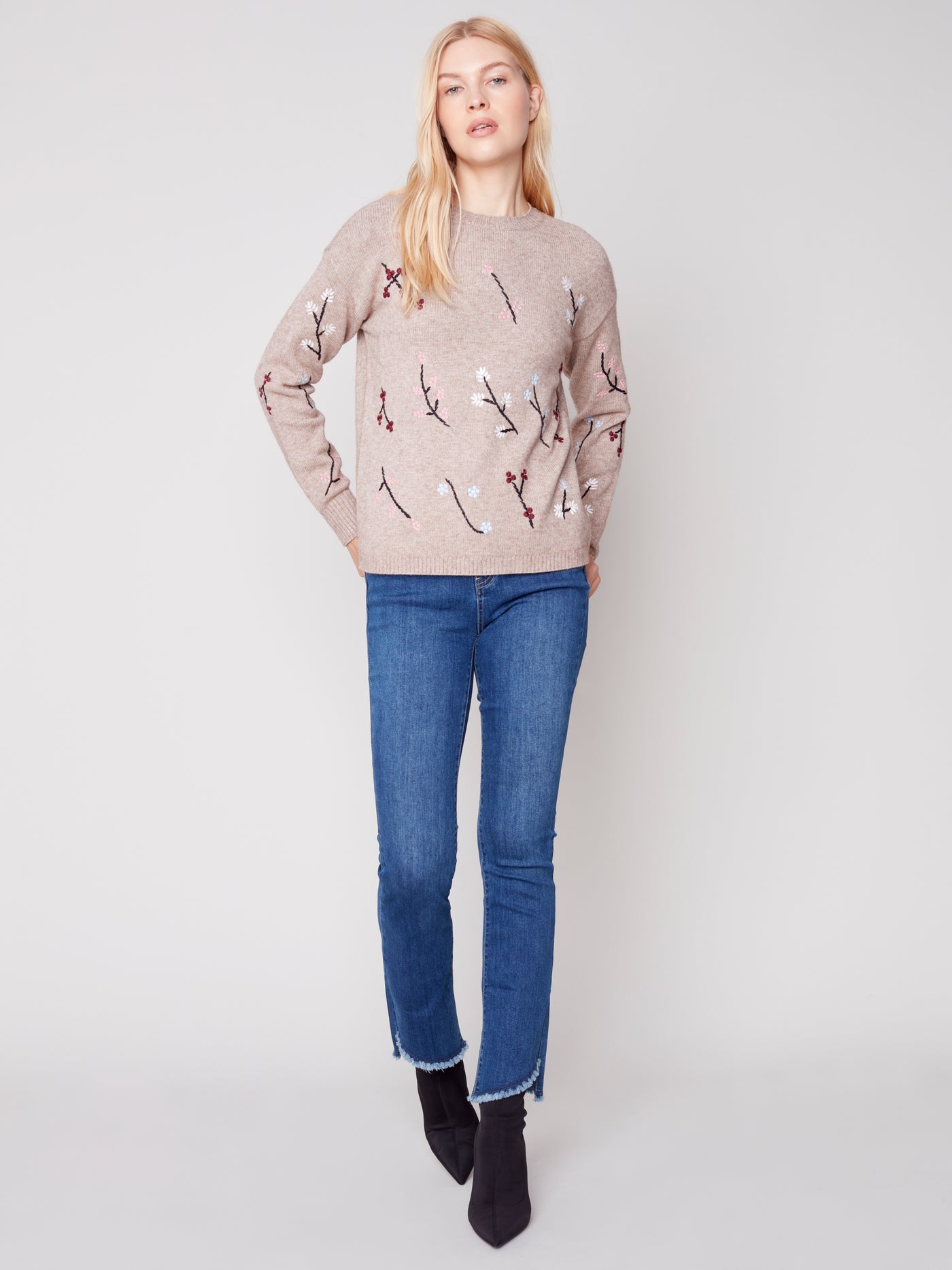 Charlie B Crewneck Drop Shoulder Sweater with Flower Embroideries 