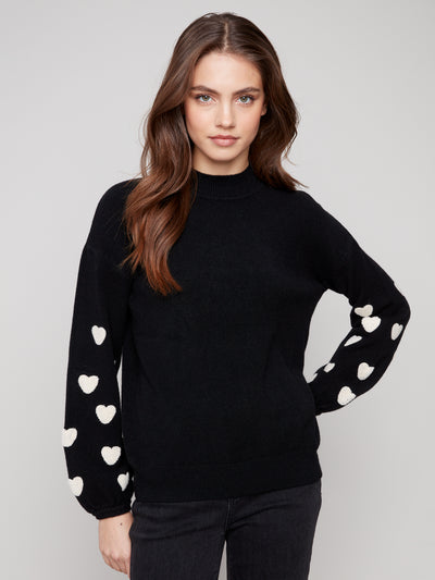 Mock Neck Sweater With Embroidered Hearts Charlie B