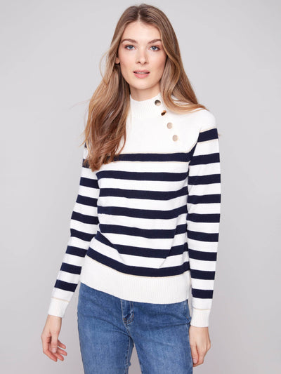 Striped Mock Neck Sweater With Button Details - Dream Pants