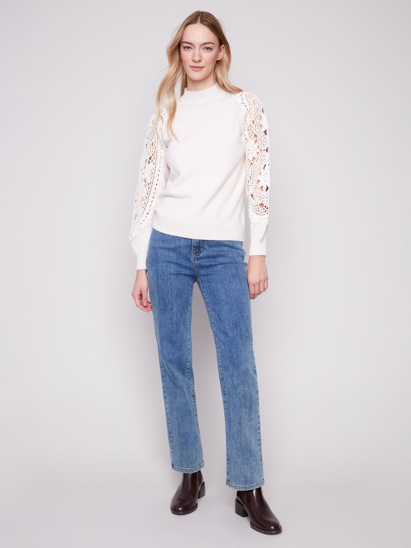 Mock Neck Sweater With Crochet Sleeves Charlie B