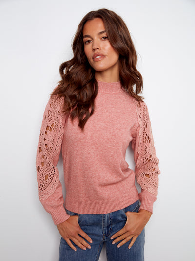 Mock Neck Sweater With Crochet Sleeves Charlie B