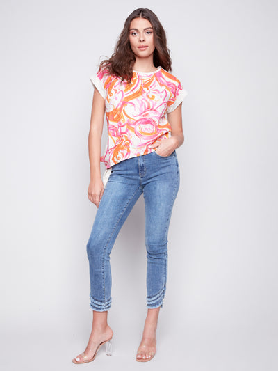 Charlie B Printed Linen Top with Side Tie 