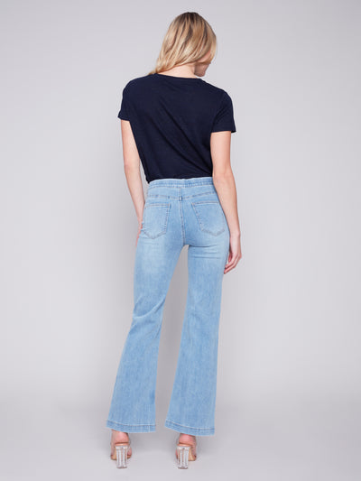 Charlie B Flare Color Twill Pant With Decorative Button 