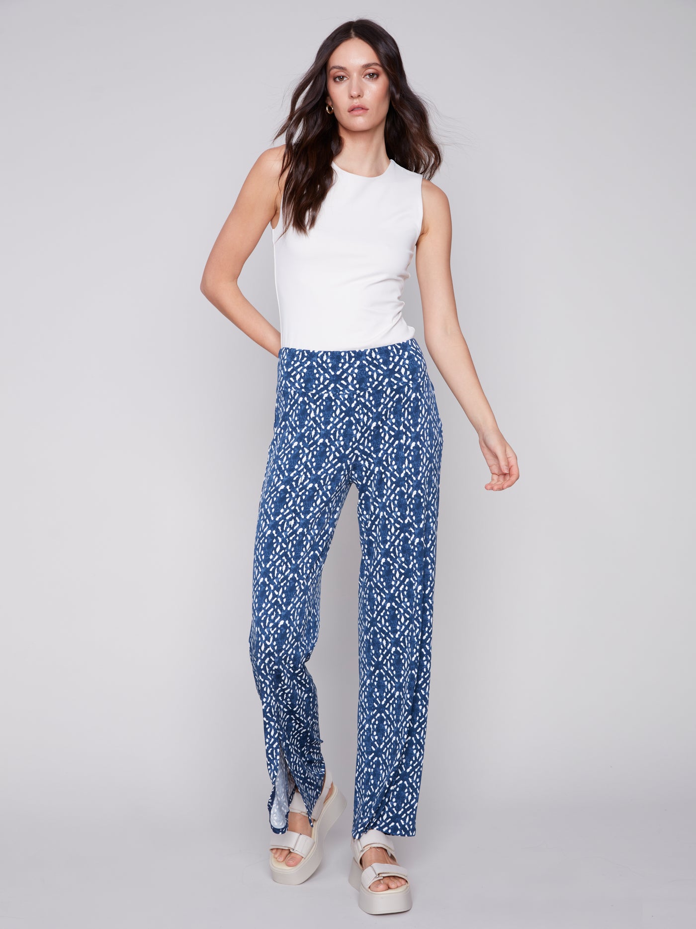 Charlie B Printed Wide Leg Pants with Front Slits 