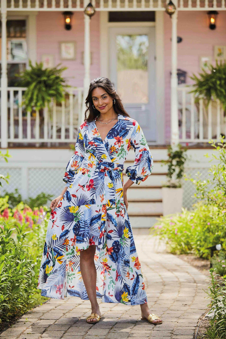 high low dress Tropical Print High-Low Dress