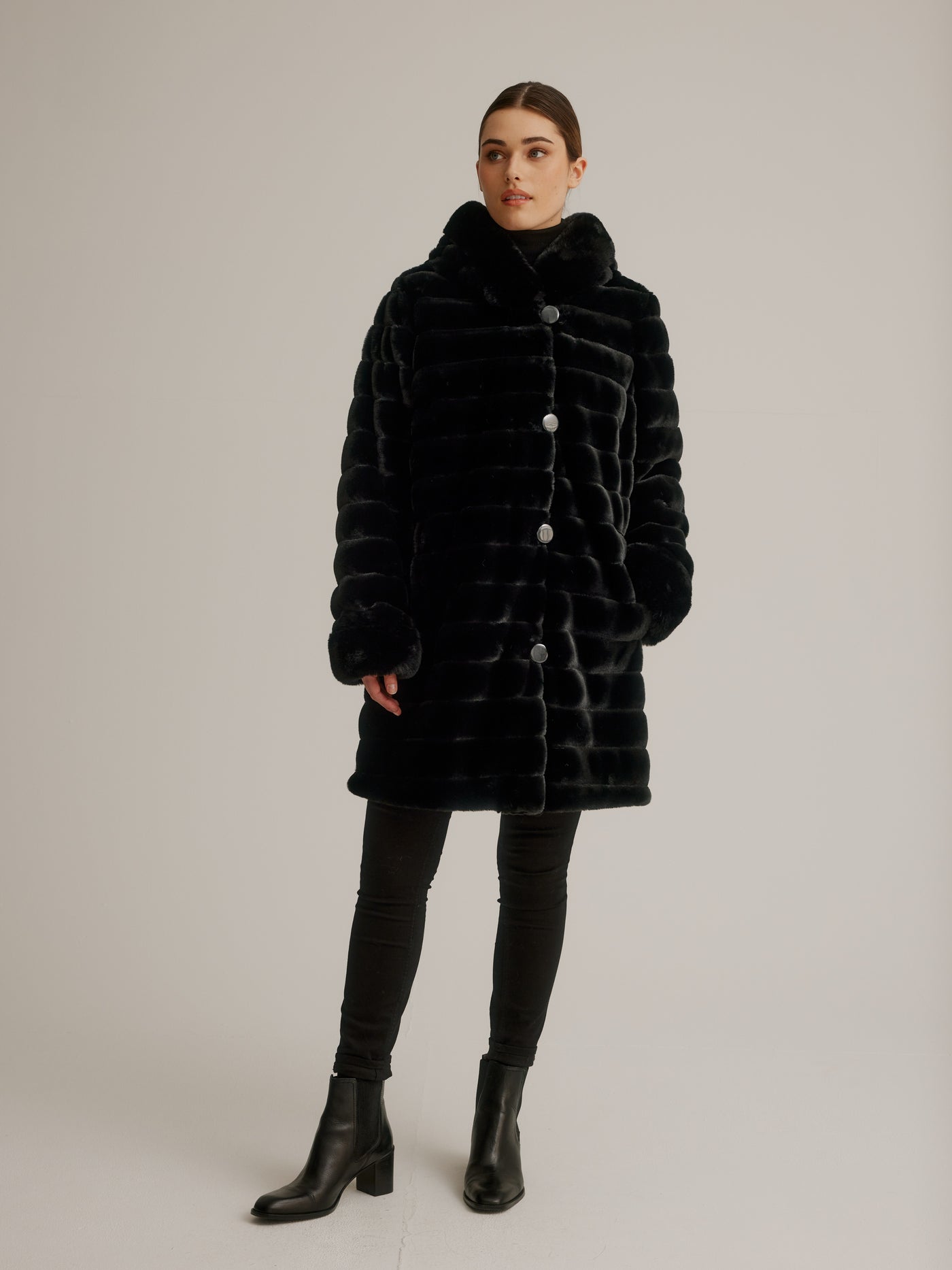 Reversible Luster Faux Fur Coat W/ Fixed Hood & Button Front Nikki Jones