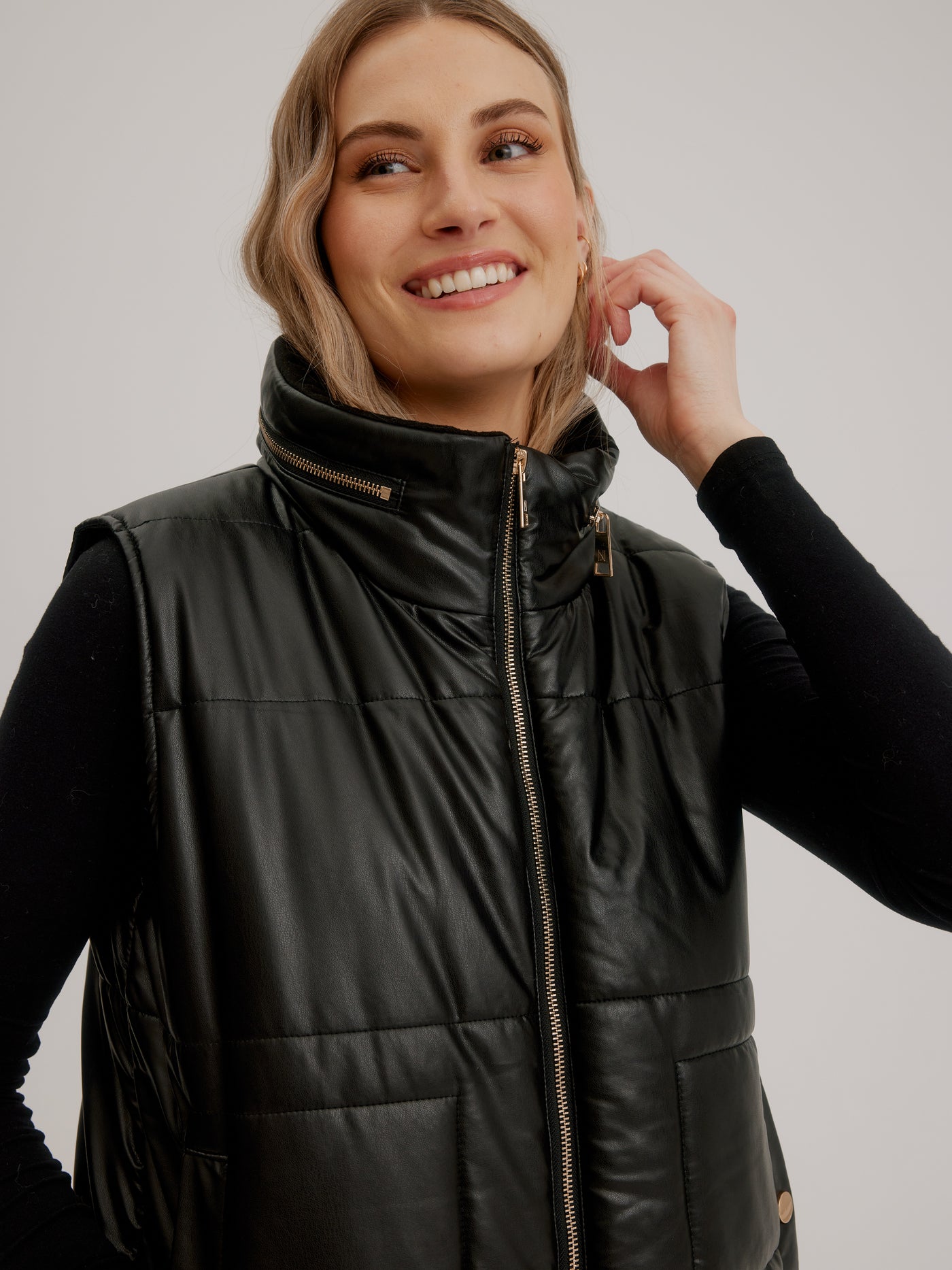 Vegan Leather Quilted Vest W/ Gold Trim & Side Snaps Nikki Jones