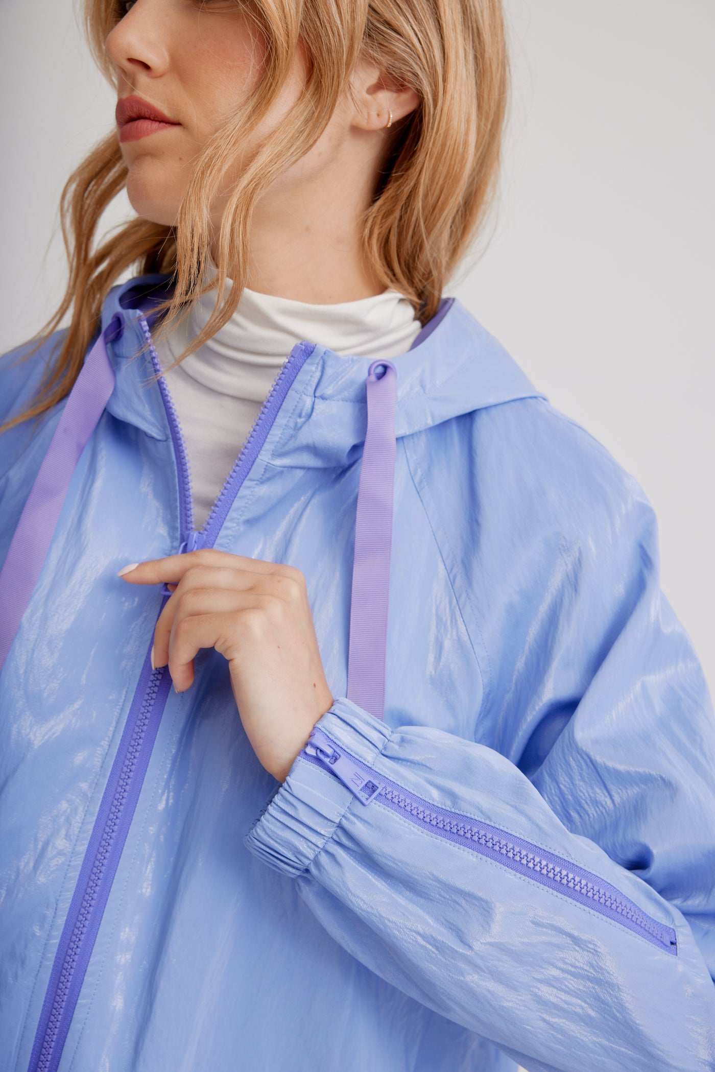 Nikki Jones Adjustable Hooded Blouson In Soft Luster Sheen W/ Contrast Trims & Zipper Detail On Sleeves 