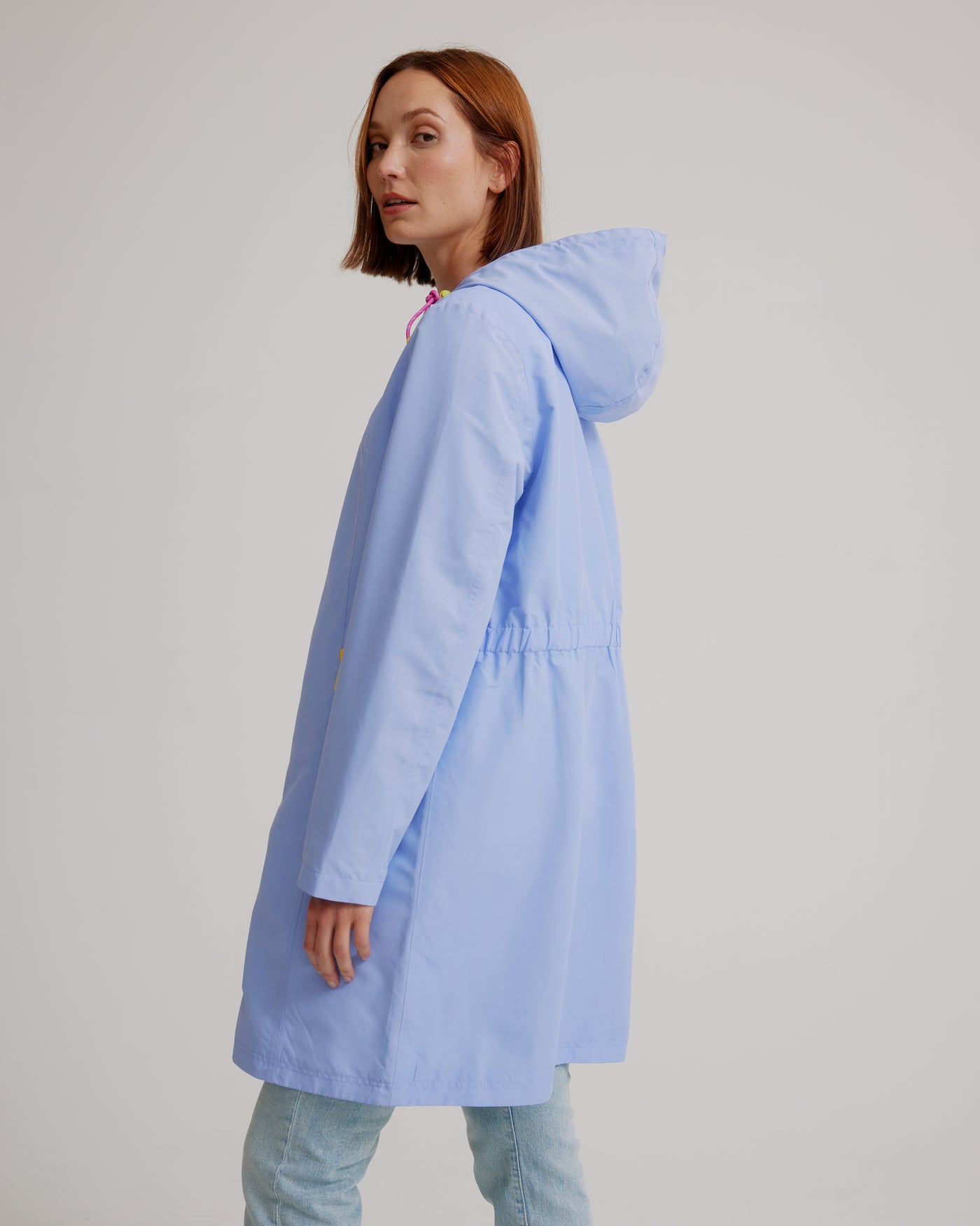 Nikki Jones Hooded Magic Print Raincoat W/ Adjustable Waist At Back & Zipper Pockets 