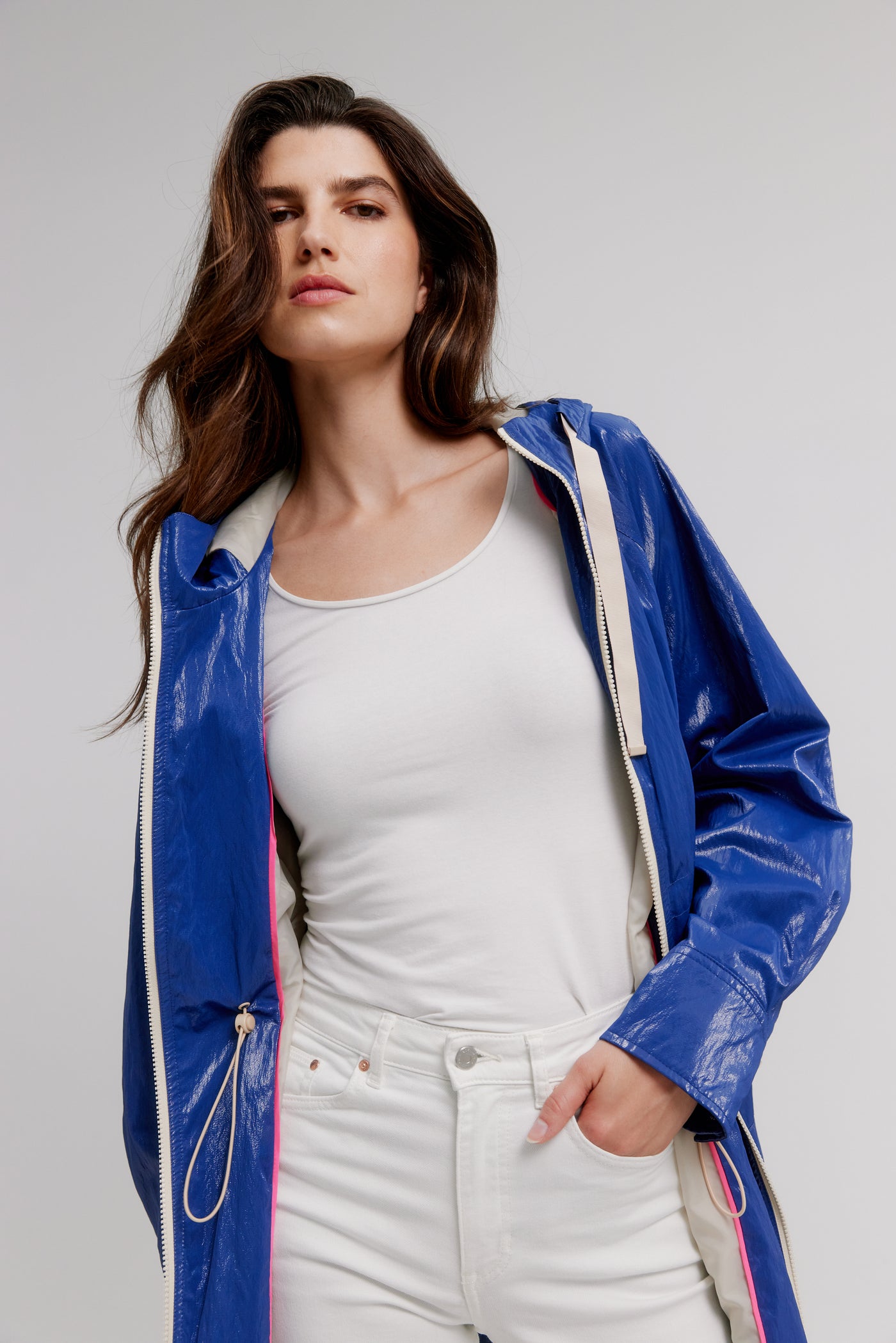 Nikki Jones Hooded Anorak Jacket In Soft Luster Sheen W/ Welt Pockets 