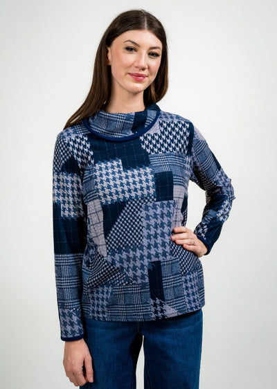 Contrast Trim Foldover Collar Patchwork Print Sweater Trisha Tyler