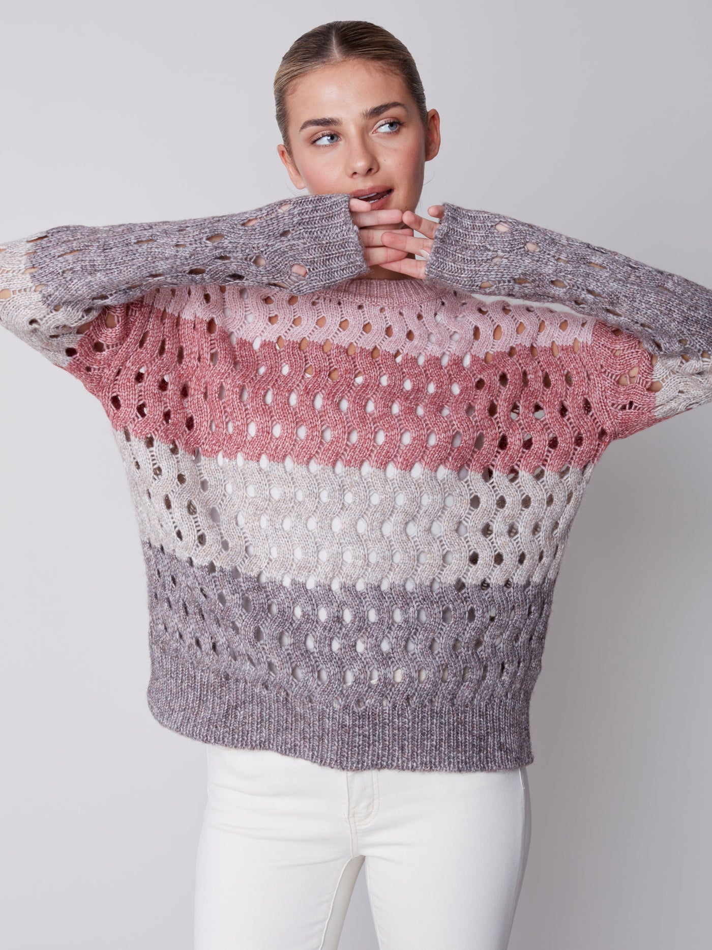 Charlie B Striped Wavy Net Stitch Sweater 